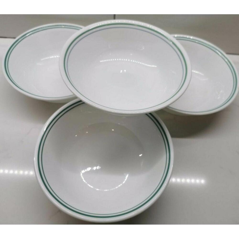 Corelle Rosemarie Ser 4 Bowls Aqua Green Teal Trim 6.25"